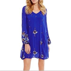 FREE PEOPLE OXFORD FLORAL EMBROIDERED TUNIC DRESS BOHEMIAN ROYAL BLUE SIZE XS